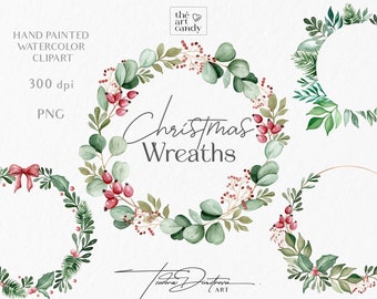 Watercolor Christmas Wreath Clipart PNG | Hand Painted Holiday Wreaths PNG | Winter Greenery Wreath with Holly, Eucalyptus, Berry, Rose hip