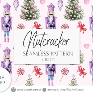 Rosa Weihnachten Digital Papier Nussknacker & Weihnachtsbaum Aquarell Kunst | Weihnachten Muster | Urlaub Digitales Scrapbook Papier
