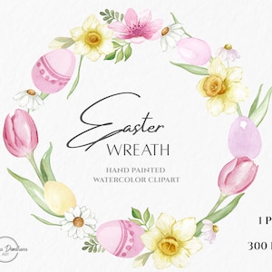 Couronne florale de Pâques à l'aquarelle | Couronne de fleurs printanières peinte à la main avec oeufs de Pâques PNG | Couronne de verdure | Clipart botanique