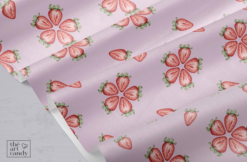 May include: Pink fabric with a repeating pattern of watercolor strawberries. The strawberries are cut in half and arranged in a circular pattern.