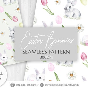Osterhase Digitales Papier Aquarell Kunst Seamless Muster | Ostereier, Hase, Tulpen Digitales Scrapbook Papier | Frühlings-Digital-Papier