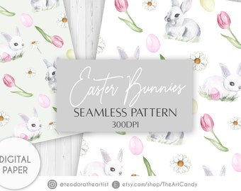 Easter Bunny Digital Paper Watercolor Art Seamless Pattern | Easter Eggs, Bunny, Tulips Digital Scrapbook Paper | Spring Digital Paper