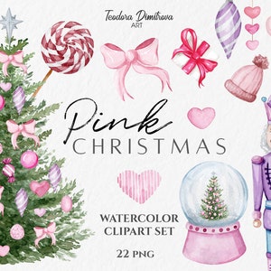 Lot de cliparts PNG aquarelle de Noël rose | sapin de Noël rose, boule à neige, casse-noisette, décorations de Noël, bonbons | Clipart vacances