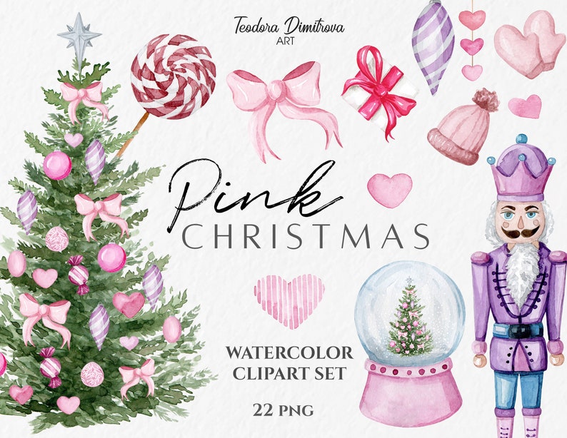 May include: Watercolor clipart set featuring a pink Christmas theme. Includes a decorated Christmas tree, ornaments, bows, hearts, a snow globe, a nutcracker, and the text "Pink Christmas".