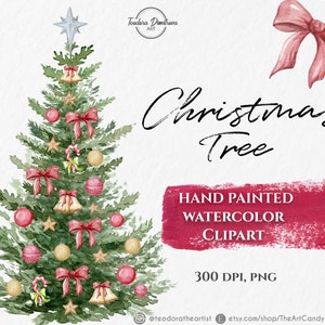 Albero di Natale Acquerello Clipart PNG / Albero di Natale verde vintage dipinto a mano con nastri rossi PNG / Vacanze Clipart Digital Download