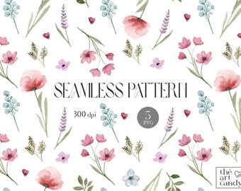 Aquarel wilde bloemen naadloze patroon handgeschilderde kunst | Aquarel lavendel | Roze bloemen | Digitale papier achtergrond met bloemmotief