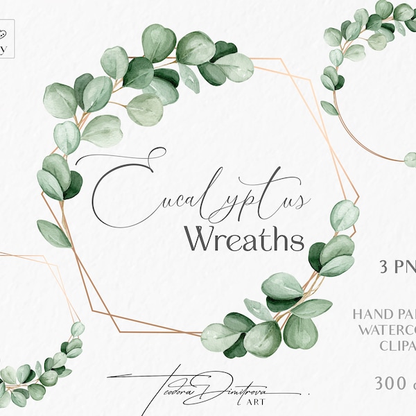 Watercolor Eucalyptus Wreath Clipart | Hand Painted Eucalyptus Frame PNG | Greenery Wreath Wedding Invitation | Botanical Green Leaves PNG