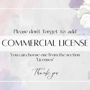 May include: A watercolour illustration of white flowers with purple accents on a pink and purple background. The text reads "Please don't forget to add COMMERCIAL LICENSE You can choose one from the section "Licenses" Thank you the art candy"