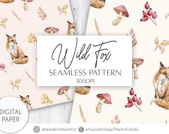 Wald Digitales Papier Aquarell Kunst Waldtiere Muster | Fuchs Digitales Papier | Herbst Wildblumen Digitales Scrapbook Papier