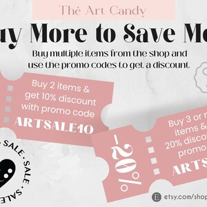 May include: Promotional graphic with text "Buy More to Save More" and discount coupons. Pink coupons offer 10% and 20% off with promo codes ARTSALE10 and ARTSALE20. A heart-shaped logo with "SALE" text surrounds it.