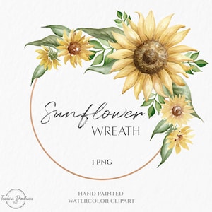 Watercolor Sunflower Wreath PNG | Hand Painted Sunflower Frame Clipart | Summer Wreath of Rose Gold Ring, Watercolor Sunflowers, Greenery