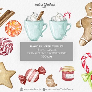May include: Watercolor clipart set of Christmas themed illustrations. The set includes a gingerbread man, candy canes, a star-shaped cookie, a jar of jam, a lollipop, a wrapped candy, and two mugs of hot chocolate with whipped cream.
