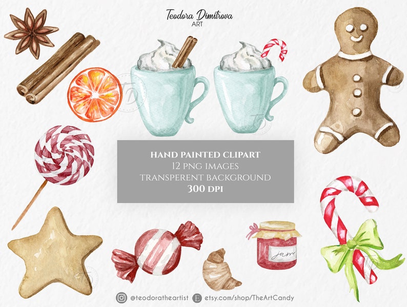 May include: Watercolor clipart set of Christmas themed illustrations. The set includes a gingerbread man, candy canes, a star-shaped cookie, a jar of jam, a lollipop, a wrapped candy, and two mugs of hot chocolate with whipped cream.