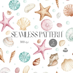 Summer Seamless Pattern Seashells Watercolor Art | Beach Ocean Digital Paper Fabric Pattern | Digital Background | Printable Scrapbook Paper