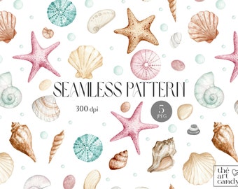 Summer Seamless Pattern Seashells Watercolor Art | Beach Ocean Digital Paper Fabric Pattern | Digital Background | Printable Scrapbook Paper