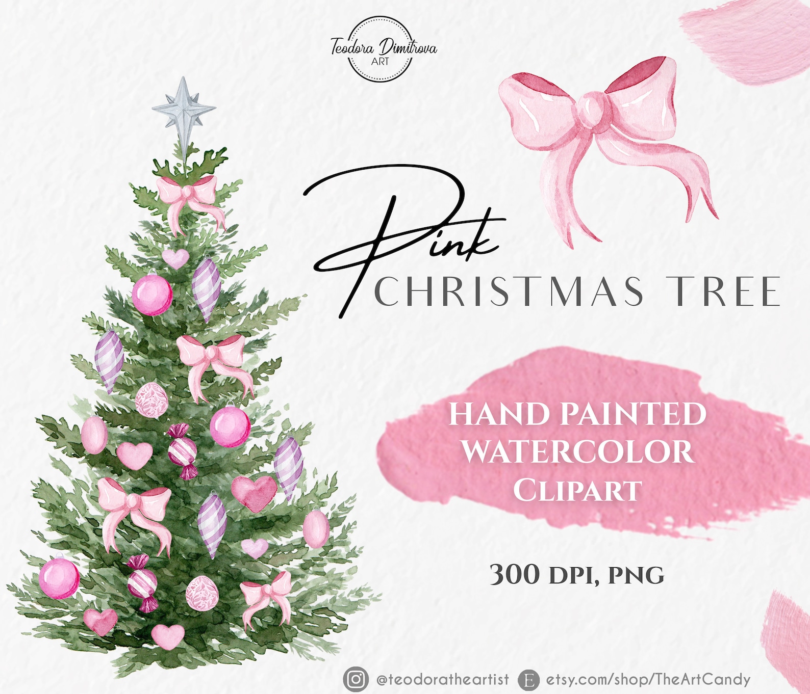 Pink Christmas Tree Watercolor Clipart PNG Hand Painted Pink - Etsy