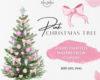 Pink Christmas Tree Watercolor Clipart PNG | Hand Painted Pink Christmas Tree Illustration PNG | Holidays Clipart Digital Download Image