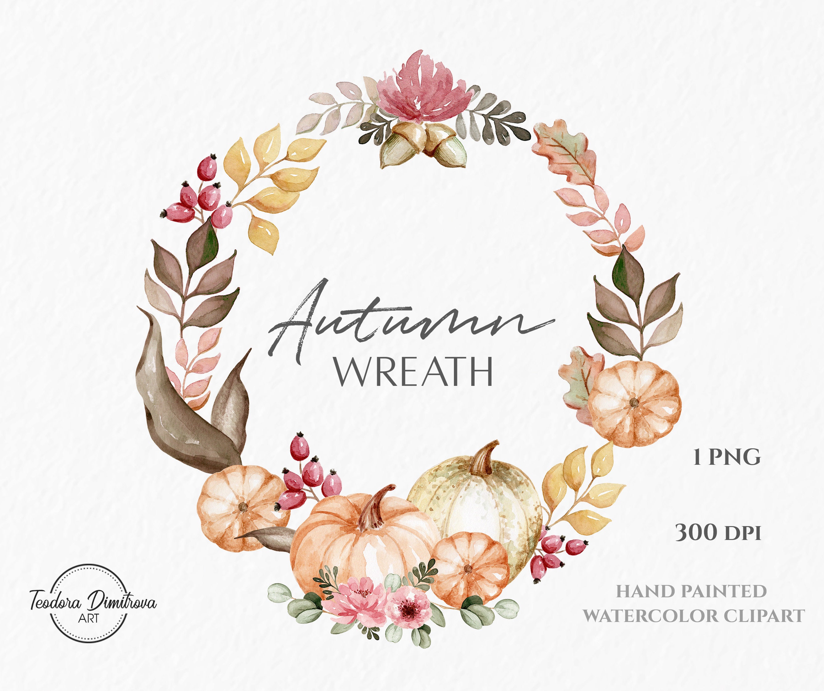 Fall Wreath Watercolor Clipart | Autumn Pumpkin and Floral Wreath PNG ...