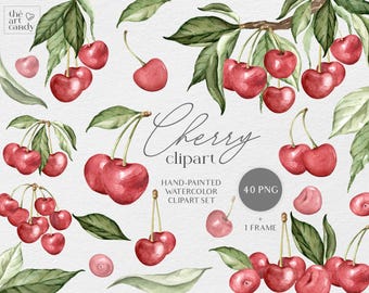 Hand Painted Cherry Watercolor Clipart Set | Hand Drawn Watercolor Cherry Fruit Clipart | Food Clipart PNG | Summer Clipart | Valentines PNG