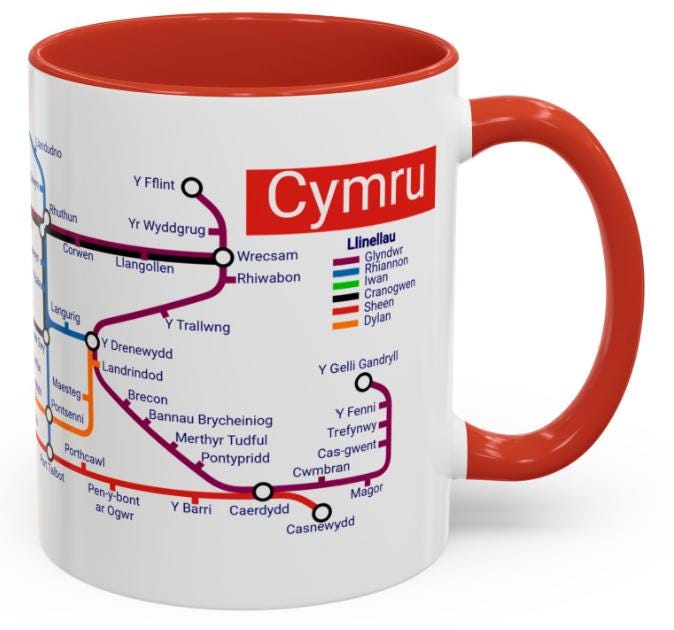 Cymru Wales metro mug - Welsh Language, Explore the country with every coffee-Featuring Cardiff Swansea Aberystwyth Wrexham Newport Llanelli