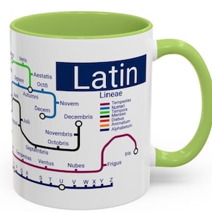 May include: White ceramic mug with a green rim and handle. The mug features a graphic of a subway map with the word "Latin" and the title "Lineae". The map includes lines for "Tempestas", "Numeri", "Tempora", "Menses", "Diebus", "Animalium", and "Alphabetum".