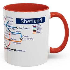 Shetland Islands Metro Mug- featuring a journey around the islands. Shetland Fair Isle Mackerel Muckle Flugga Lerwick Scotland Scottish gift