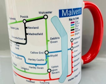 Malvern Metro Mug - featuring a journey around the hills. From Kempsey to Bishops’s Frome, Ledbury to Powick