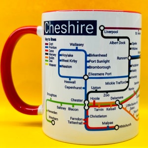Cheshire Metro Mug - featuring a journey through the well known towns and villages. From the Welsh border, Cheshire plain and urban Cities.