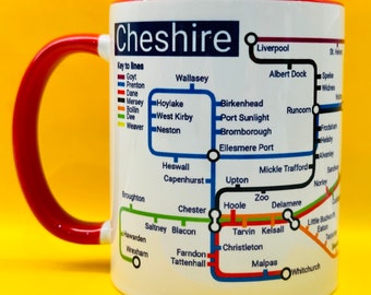 Cheshire Metro Mug - featuring a journey through the well known towns and villages. From the Welsh border, Cheshire plain and urban Cities.