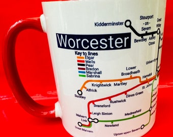 Worcester - Malvern - Pershore Metro Mug. A unique view of our local towns and villages. Updated design for our Red version