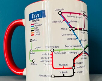 Eryri (Snowdonia)Metro Mug. A metro map of all the famous towns and villages in north west Wales.