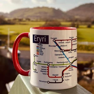 Eryri (Snowdonia)Metro Mug. A metro map of all the famous towns and villages in north west Wales.