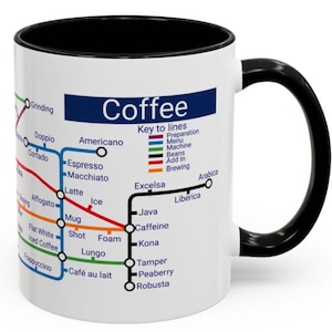 May include: White ceramic coffee mug with a black handle and a black rim. The mug features a graphic of a subway map with different coffee types and brewing methods. The text "Coffee" is printed in blue at the top of the mug.