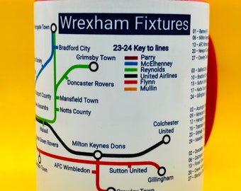 Wrexham AFC 23/24 - League Two Season Metro Mug - featuring all opposition and fixtures. Racecourse. Wrexham gift. Welcome to Wrexham. Sale!