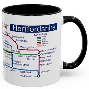 Hertfordshire Metro Map Mug - Unique design for locations in Hertfordshire. Welwyn Garden City to Bishop's Stortford, Watford to Stevenage