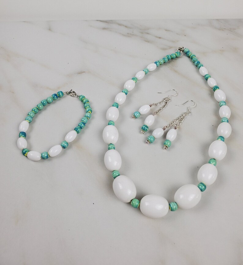 Aqua and White Glass and Ceramic Necklace Bracelet and Matching earrings