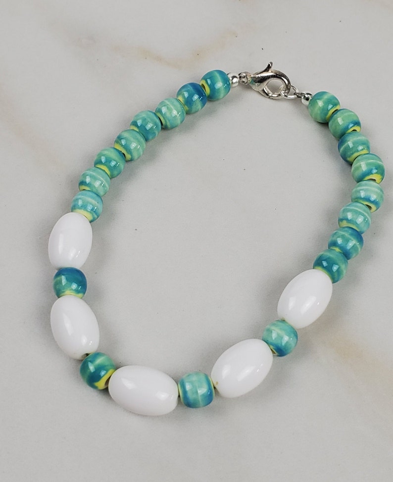 Aqua and White Glass and Ceramic Necklace Bracelet and Matching earrings