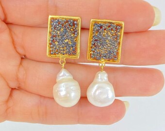 Handmade Custom Pearl Earrings / Square Dangle Earrings / Handmade Brass Earrings / Fashion Jewelry / Colored Stone Custom Earrings