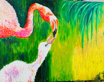 Flamingo original painting,Birds original painting,Mothers day painting,Mother’s Day gift,Gifts for mom,flamingo original painting with baby