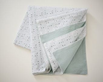 Large baby blanket in broderie anglaise - White, Green or Pink