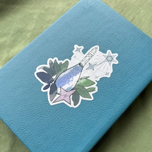 Puede incluir: Un diario de cuero azul verdoso con una pegatina de una botella de vidrio azul con un tapón de corcho, rodeado de hojas verdes y una flor blanca. La botella emite estrellas brillantes.