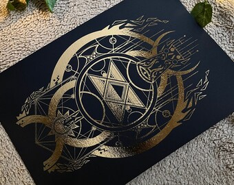 Gilded Hawks of Alchemy | A4 Gold Foil Print