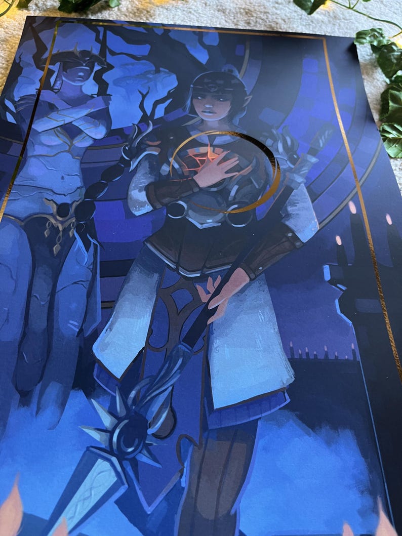 May include: A blue and gold fantasy art print featuring two figures, one with a sword and the other with a staff. The background is a dark blue with a gold border.