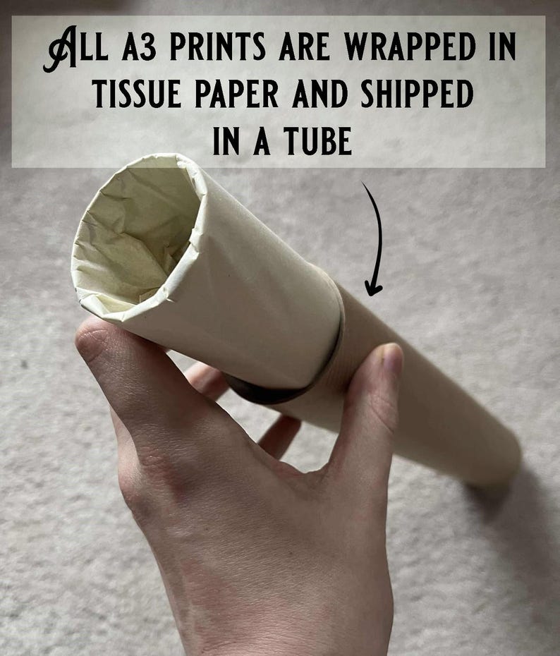 May include: A brown cardboard tube with a white paper lining. The tube is being held by a hand. The text "ALL A3 PRINTS ARE WRAPPED IN TISSUE PAPER AND SHIPPED IN A TUBE" is visible in the background.