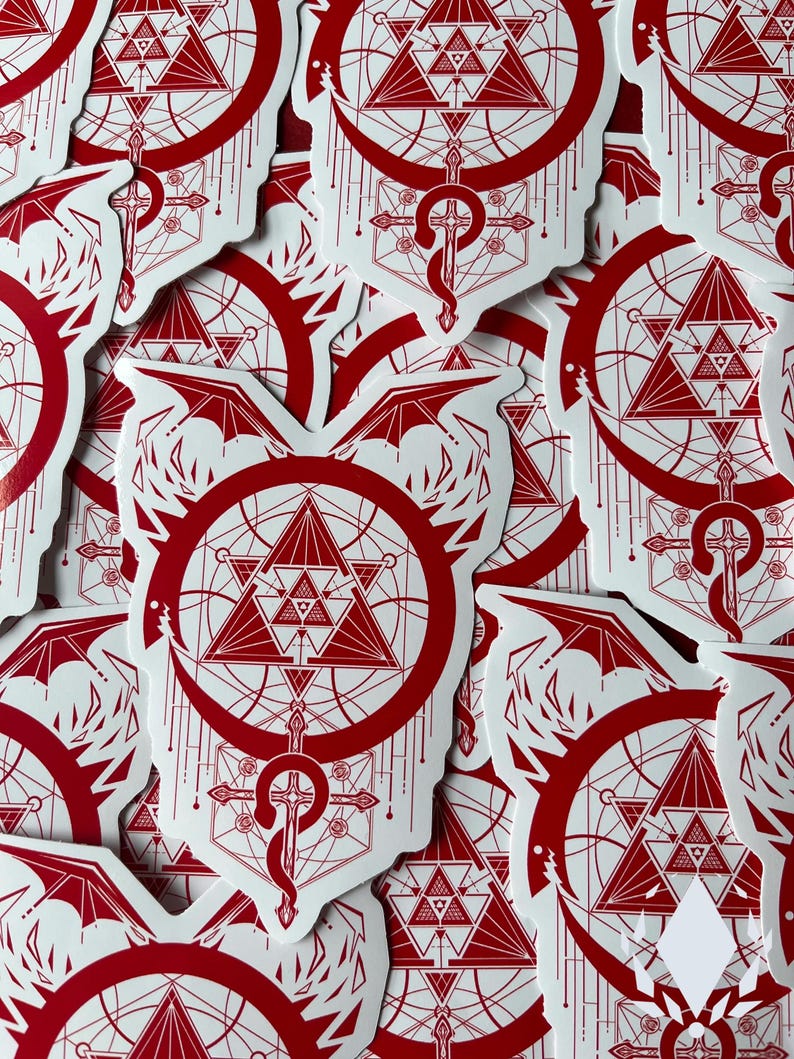 Piles of the Red sticker are arranged in a pattern, showing the product in quantity. Icewreath's shop logo is placed in the corner.