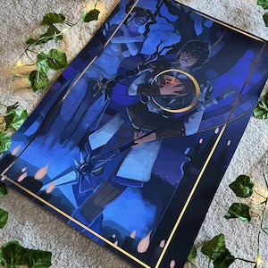 May include: A blue and gold poster featuring a woman with a crown and a staff, standing in front of a shadowy figure. The poster has a gold border and a blue background.