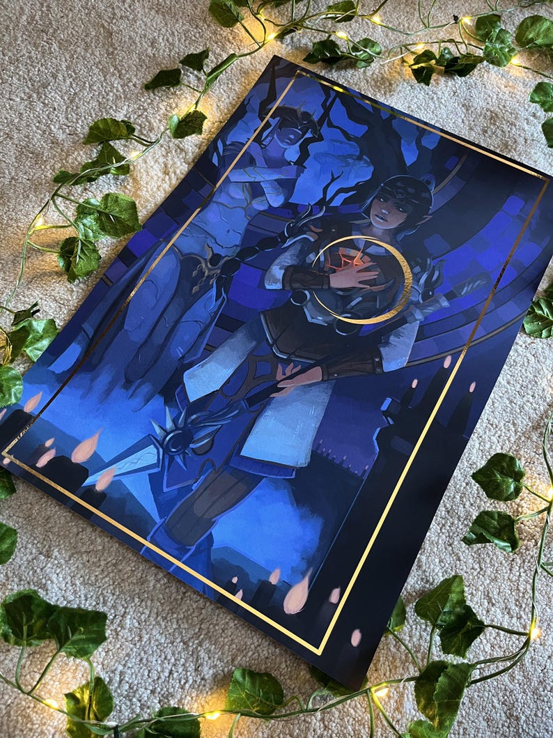 May include: A blue and gold poster featuring a woman with a crown and a staff, standing in front of a shadowy figure. The poster has a gold border and a blue background.