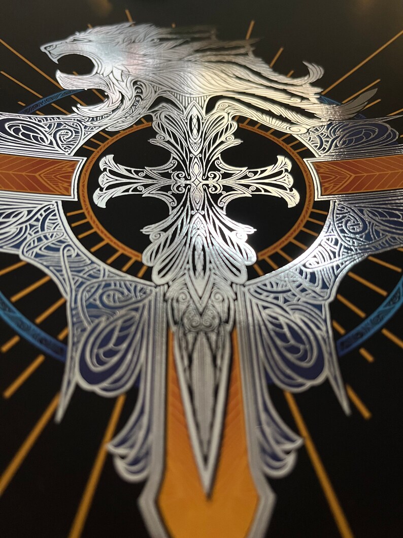 May include: A silver lion's head with a mane and a silver cross with intricate details on a black background with gold and blue accents.