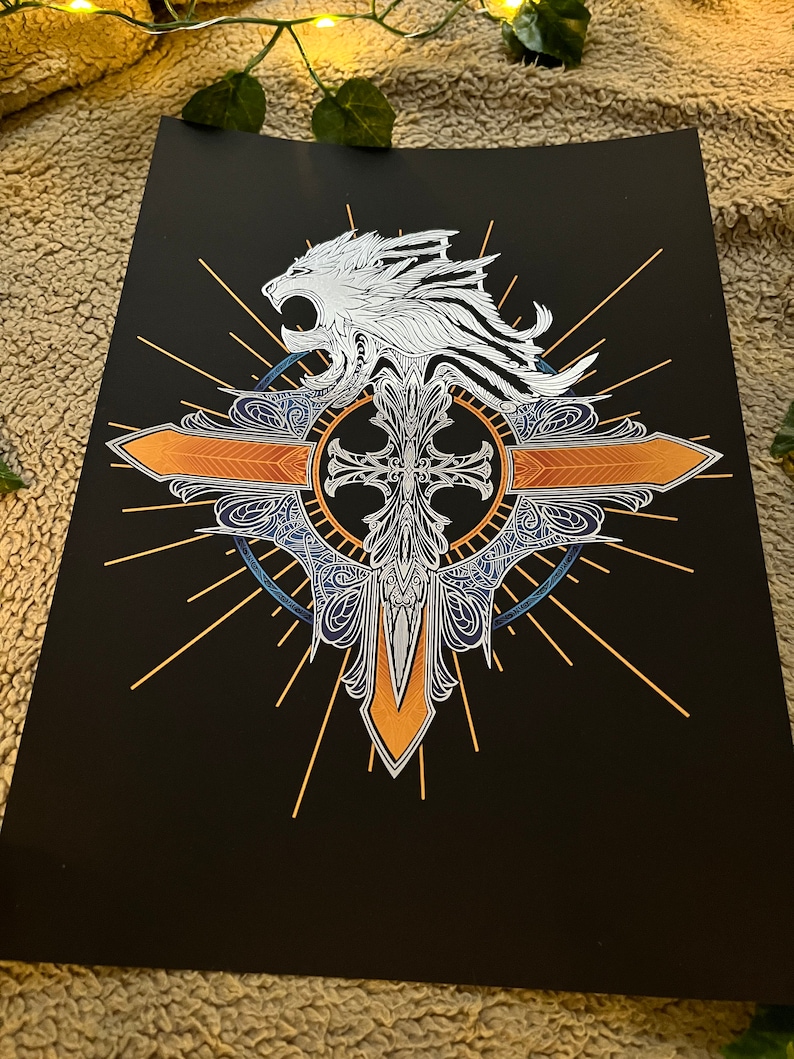 May include: A black and white print of a stylized lion's head with a cross and a sunburst design. The lion's head is white, the cross is gold, and the sunburst is orange.