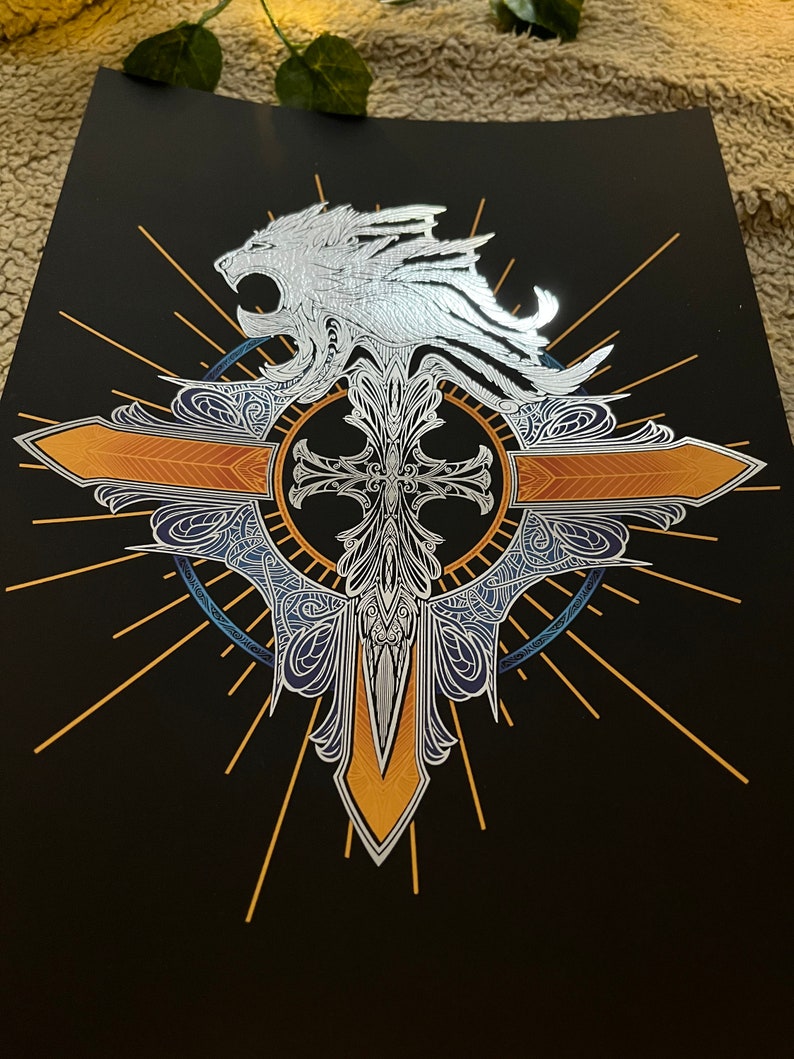 May include: A silver lion with a mane and a cross with a gold and orange design on a black background.